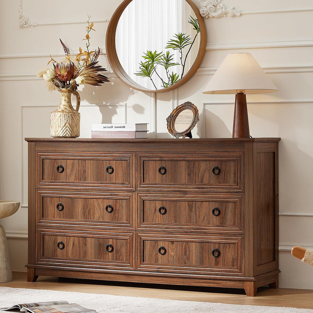 Joaxswe 6 Drawers Dresser for Bedroom, Farmhouse 54'' Dresser Chest of Drawers, Vintage Design Wood TV Stand, Rustic Storage Dressers Organizer for Bedroom, Living Room, Hallway-Brown