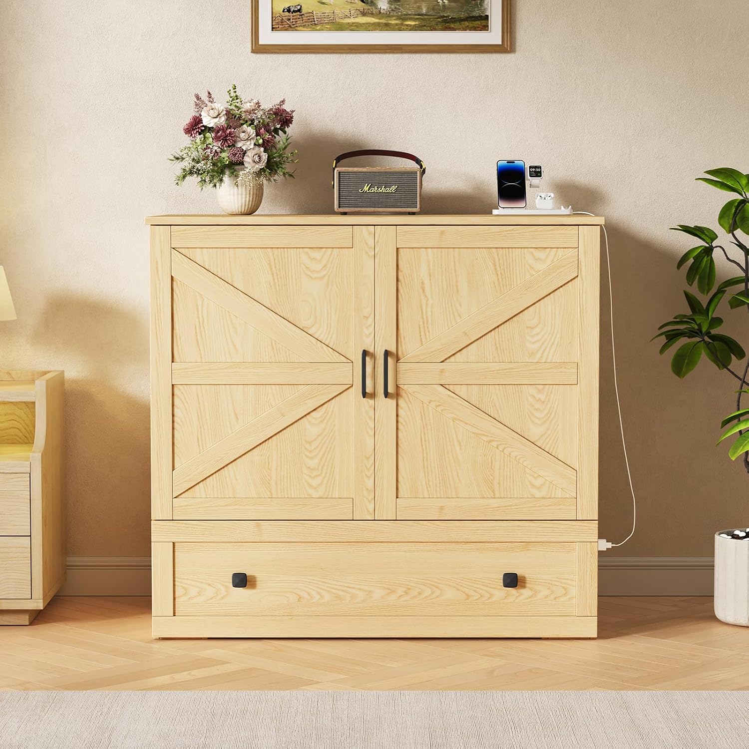 LIVAUVEAD Murphy Bed with Built-in Charging Station, Space-Saving Murphy Bed Chest Twin with Drawer, Foldable, for Home Office Guest Room Bedroom,Natural