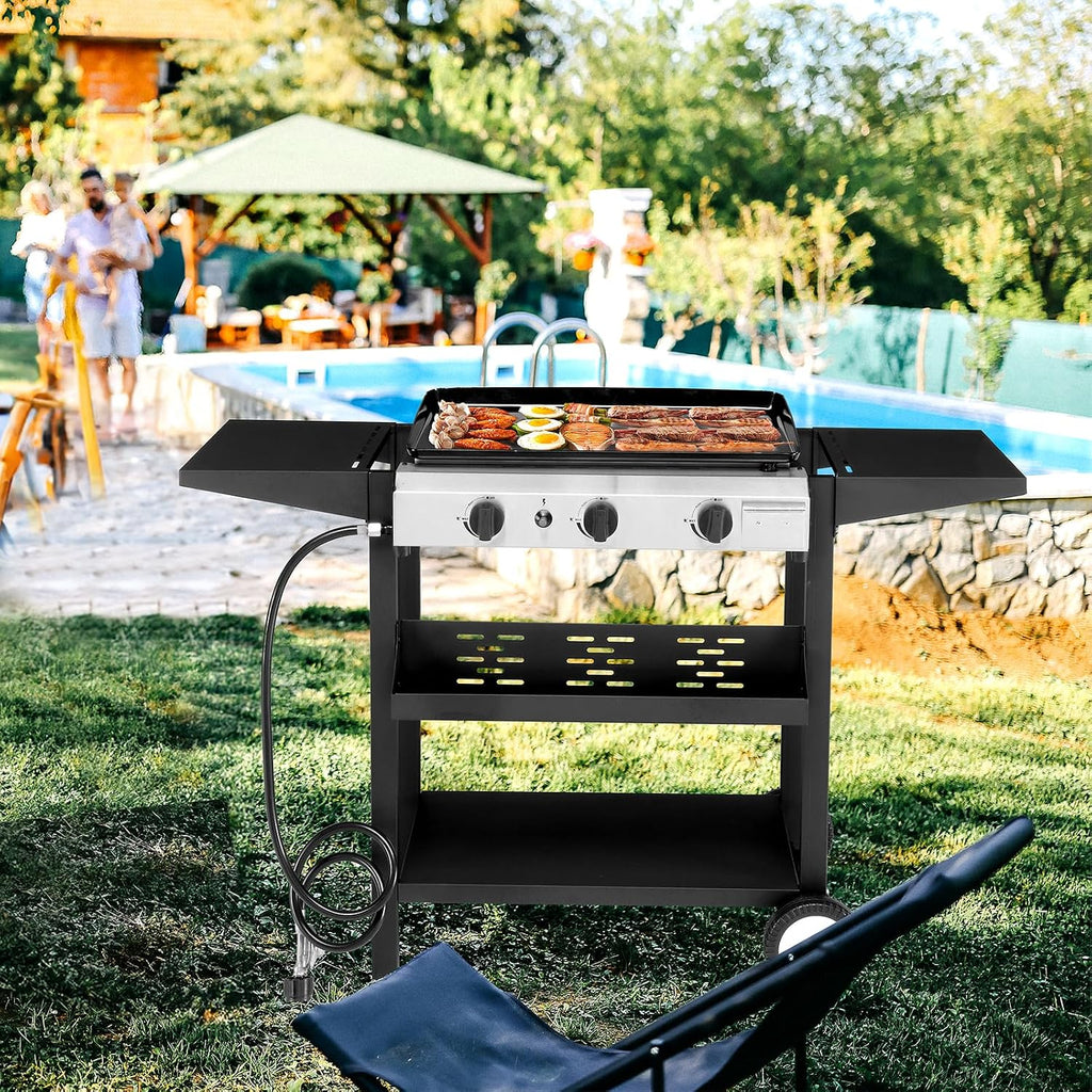 3-Burner Flat Top Gas Griddle Cooking Station with Ceramic Coated Cast Iron Pan, 30,000 BTU Propane Fuelled Griddle Station with Side Shelves & Spice Rack for Outdoor Barbecue Backyard Cookout