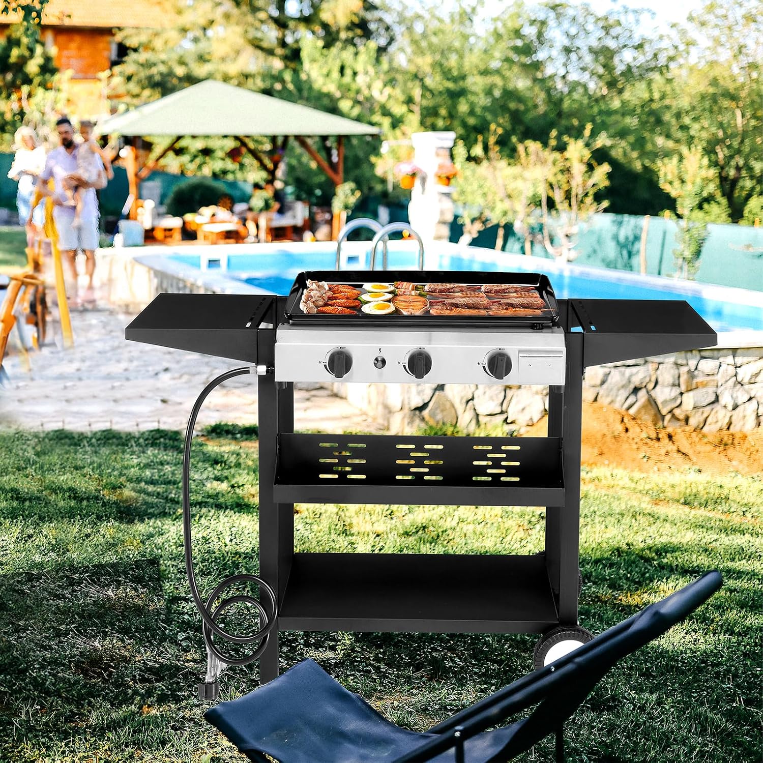 3-Burner Flat Top Gas Griddle Cooking Station with Ceramic Coated Cast Iron Pan, 30,000 BTU Propane Fuelled Griddle Station with Side Shelves & Spice Rack for Outdoor Barbecue Backyard Cookout