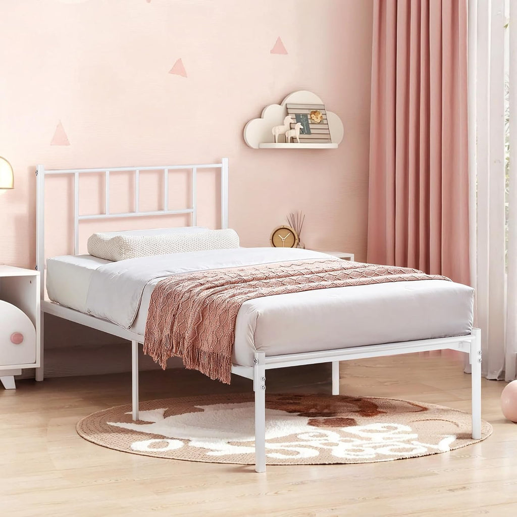 VECELO Twin Metal Platform Bed Frame with Headboard, Heavy Duty Steel Slats, No Box Spring Needed,Easy Assembly, Modern Minimalist Design, 2 PCS