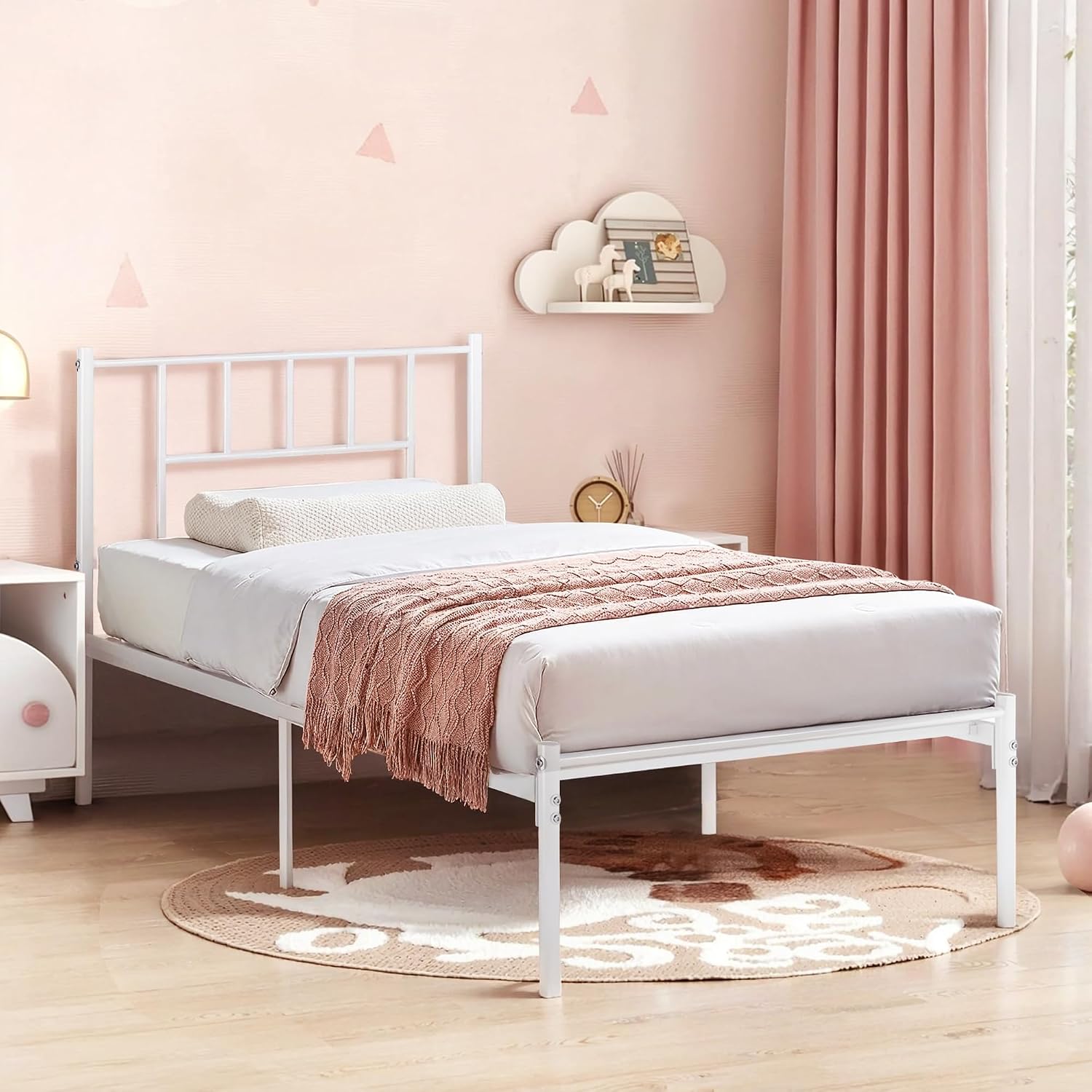 VECELO Twin Metal Platform Bed Frame with Headboard, Heavy Duty Steel Slats, No Box Spring Needed,Easy Assembly, Modern Minimalist Design, 2 PCS