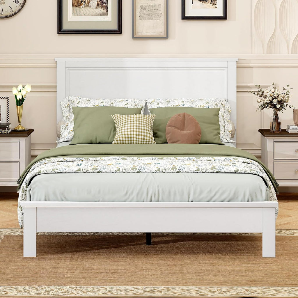 GOFLAME Full Size Wood Bed Frame, Mid-Century Modern Platform Bed with Headboard, Solid Wood Legs, Mattress Foundation with 12 Wooden Slats, No Box Spring Needed, White