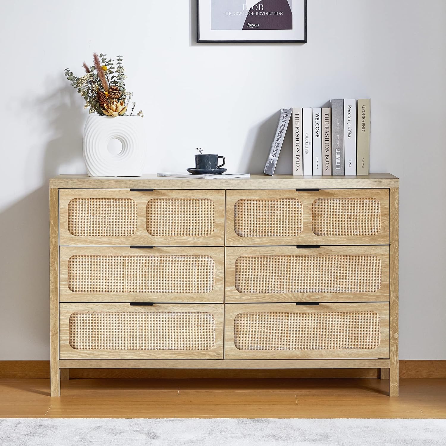6 Drawer Dresser, Modern Rattan Dresser Chest with Wide Drawers and Metal Handles, Farmhouse Wood Storage Chest of Drawers for Bedroom, Living Room, Hallway, Entryway (Natural-6 Drawers)