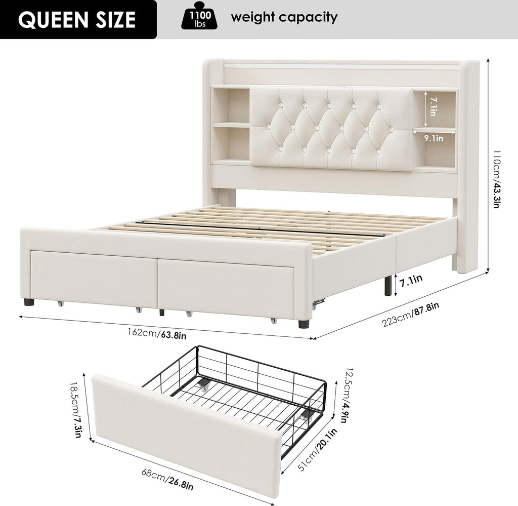 Queen Bed Frame with Drawers, Hidden-Cubby & Shelves Storage Headboard with Charging Station and LED Lights, Velvet Upholstered Platform Bed Solid Wooden Slats Support No Box Spring Needed, Beige
