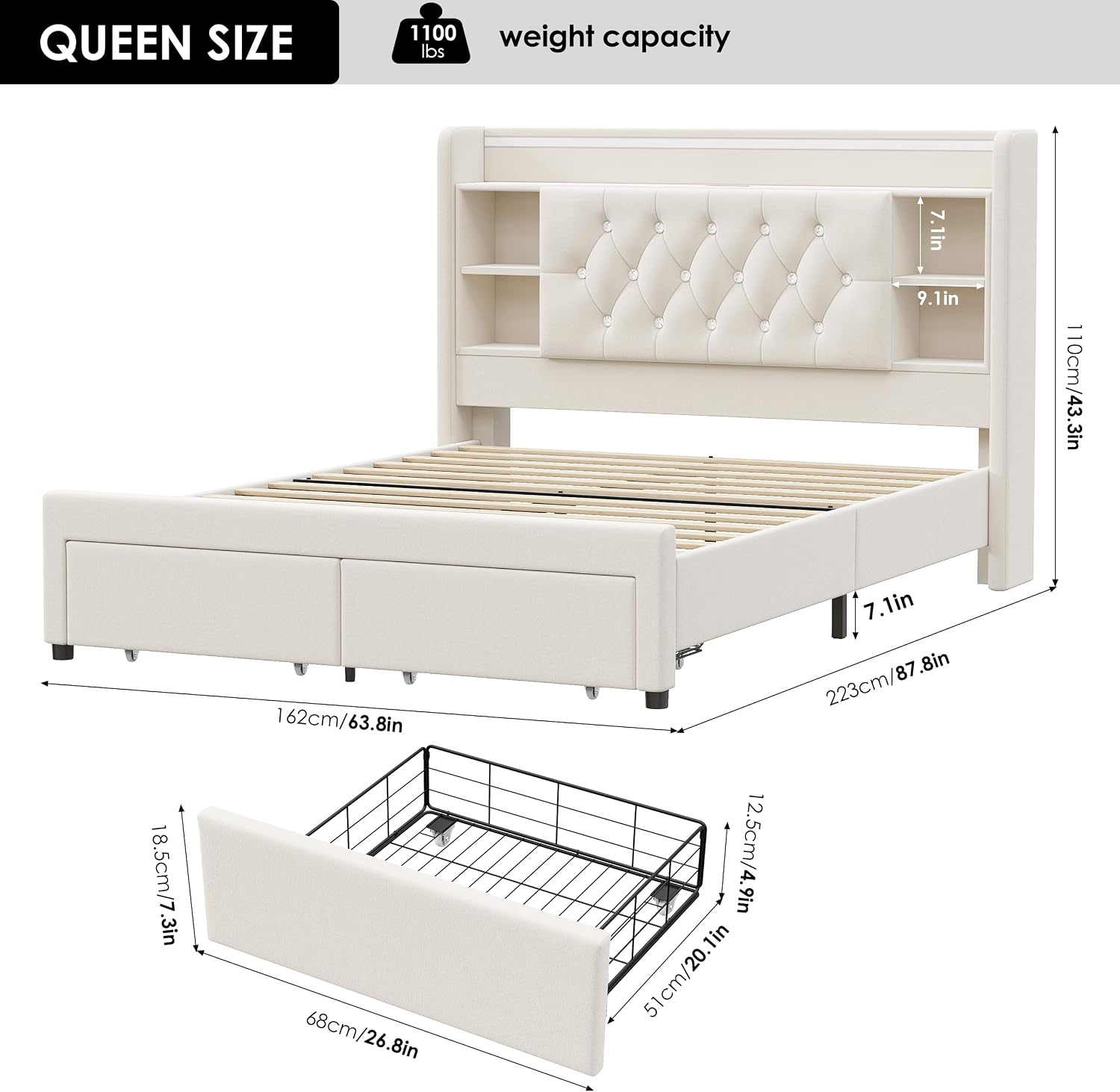 Queen Bed Frame with Drawers, Hidden-Cubby & Shelves Storage Headboard with Charging Station and LED Lights, Velvet Upholstered Platform Bed Solid Wooden Slats Support No Box Spring Needed, Beige