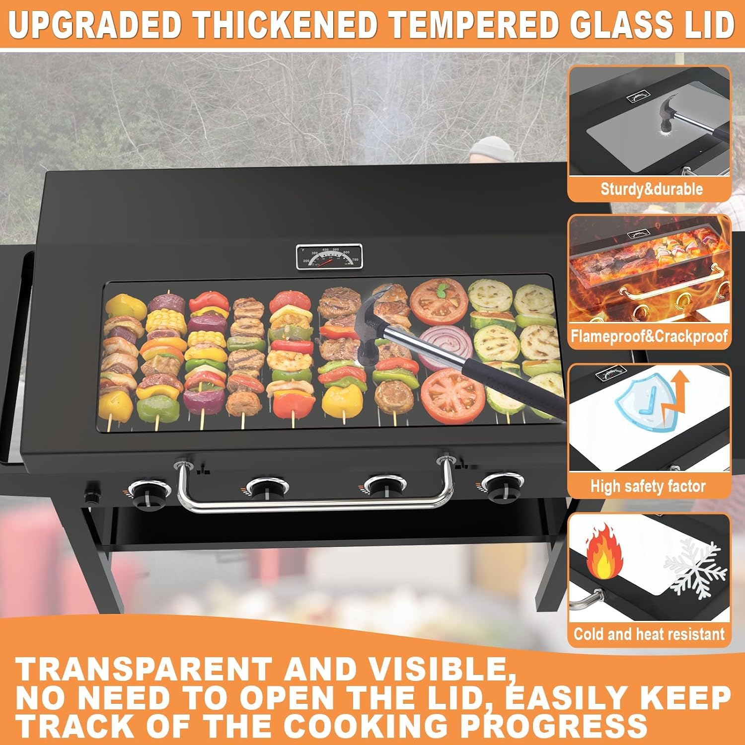 Upgrade Hinged Lid for Blackstone 36' Omnivore Griddle Hood,5856 Visualized Tempered Glass Hard Cover for Blackstone Lid 1554 2210 2177 1984 etc. 36 Omnivore Flat Top Griddle Accessories w/Thermometer