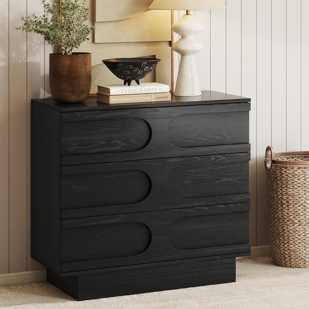 Nathan James Iris 3 Drawer Dresser, Mid-Century Modern Solid Wood Dresser for Bedroom, Black Oak