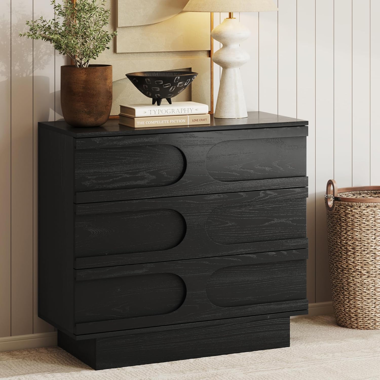 Nathan James Iris 3 Drawer Dresser, Mid-Century Modern Solid Wood Dresser for Bedroom, Black Oak