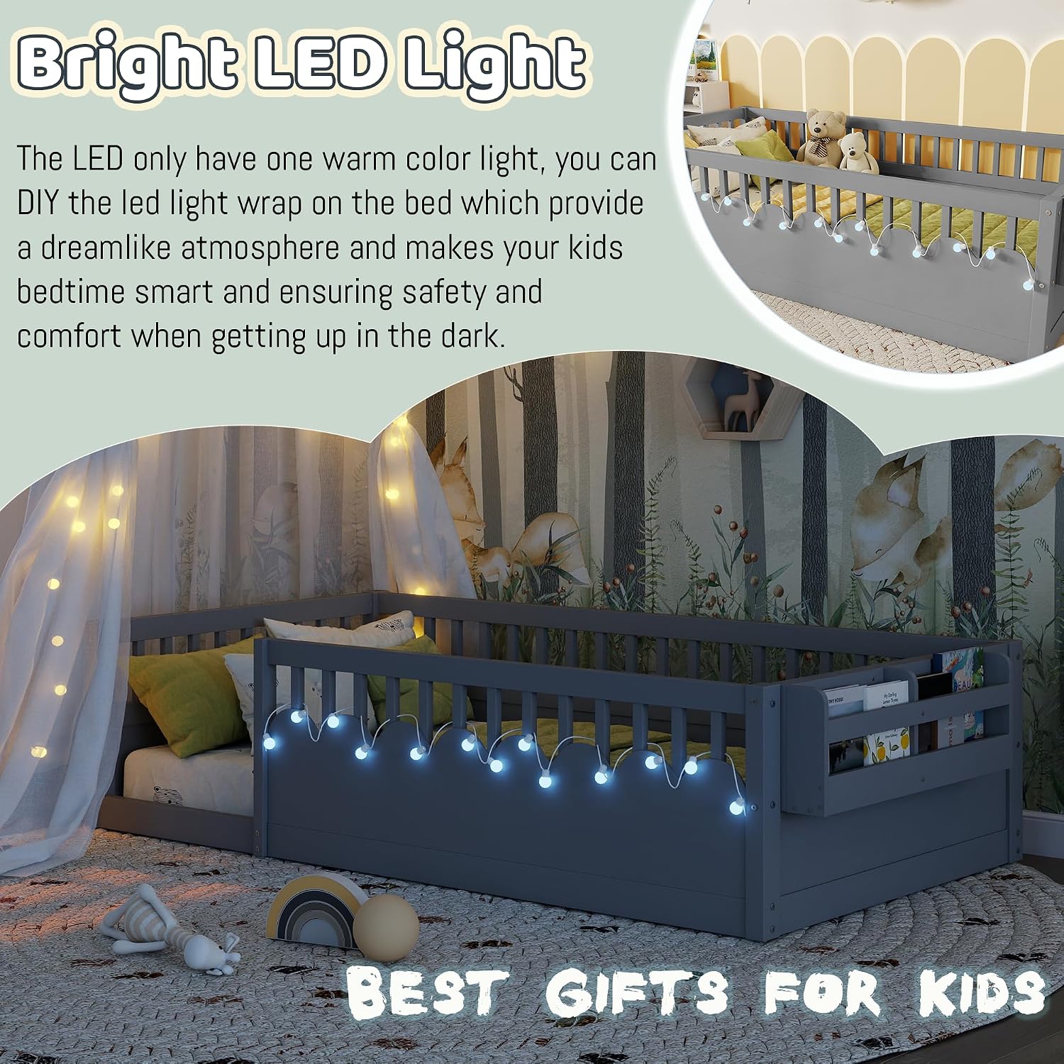 Montessori Floor Bed with High Rails,Twin Size Floor Bed Frame for Kids, LED Lights & Storage Shelf, Safe & Wider Opening Gate Design, Playground & Sleep Space for Girls Boys,Grey