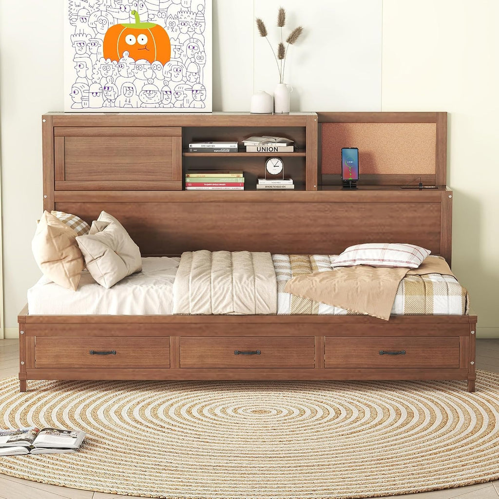 Harper & Bright Designs Twin Size Wooden Daybed with 3 Storage Drawers, Upper Soft Board, Shelf and a Set of Sockets and USB Ports, Twin Storage Bed for Small Living Space,Brown