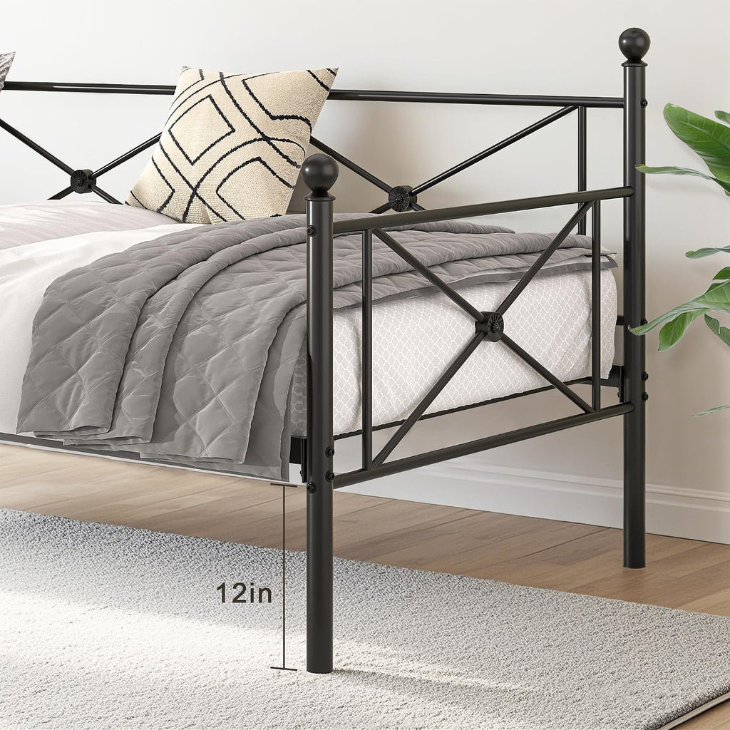 VECELO Twin Daybed Frame, Metal Day Bed with Stylish Headboard, Multifunctional Platform Beds for Bedroom, Living Room, Guest Room, No Boxing Spring Needed, Black