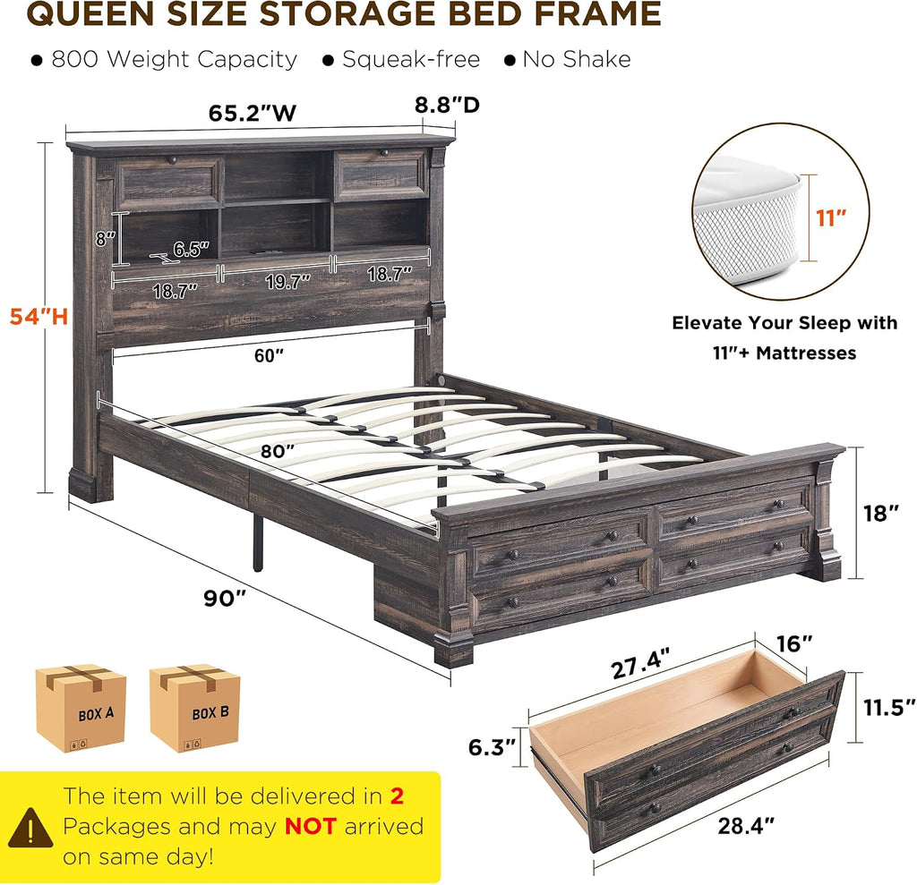 T4TREAM Farmhouse Queen Size Bed Frame with 54' Tall Storage Bookcase Headboard, Wood Platform Bed Frame with 18' Tall Roman Column Decoration Footboard & 2 Drawers(Dark Rustic Oak)