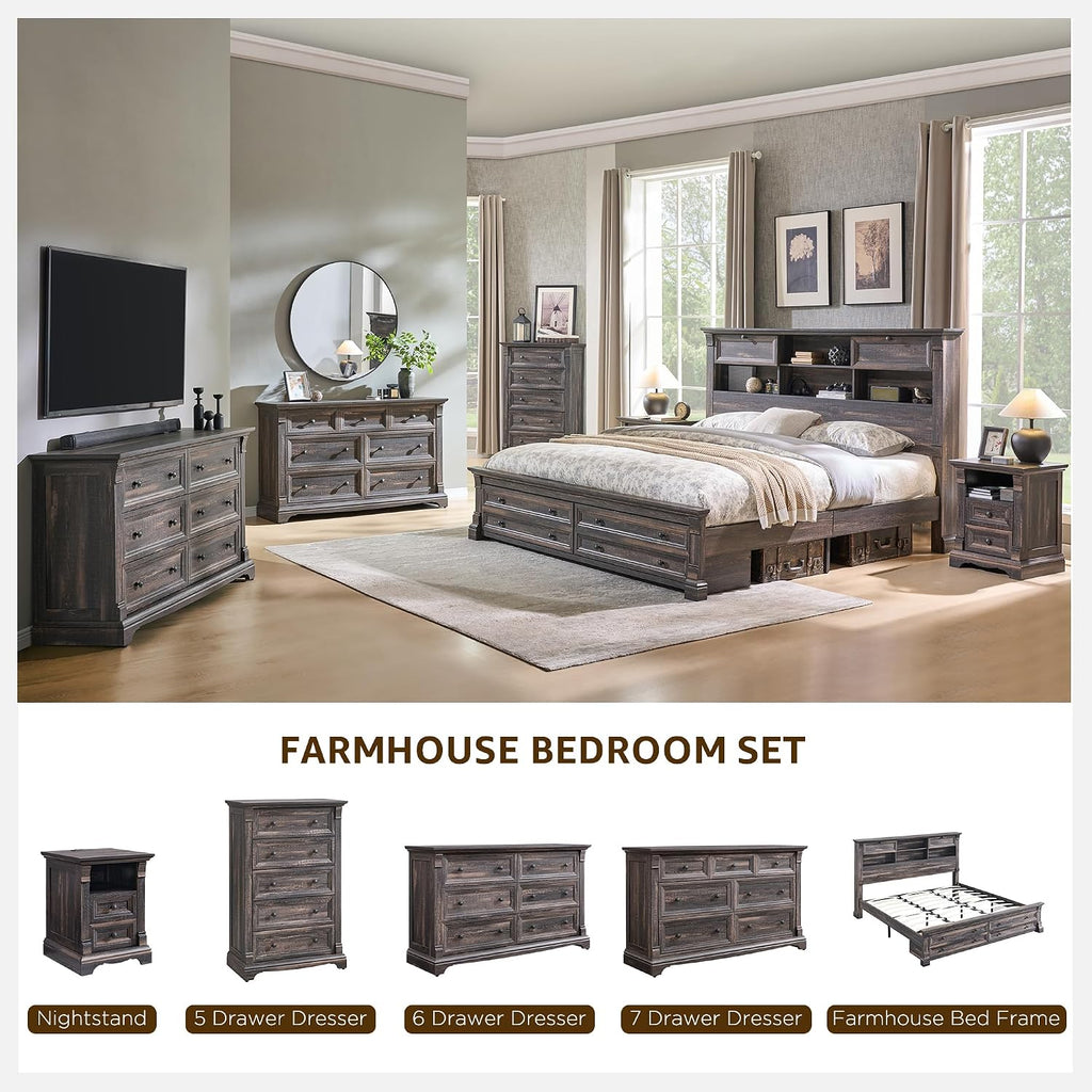 T4TREAM Farmhouse Queen Size Bed Frame with 54' Tall Storage Bookcase Headboard, Wood Platform Bed Frame with 18' Tall Roman Column Decoration Footboard & 2 Drawers(Dark Rustic Oak)