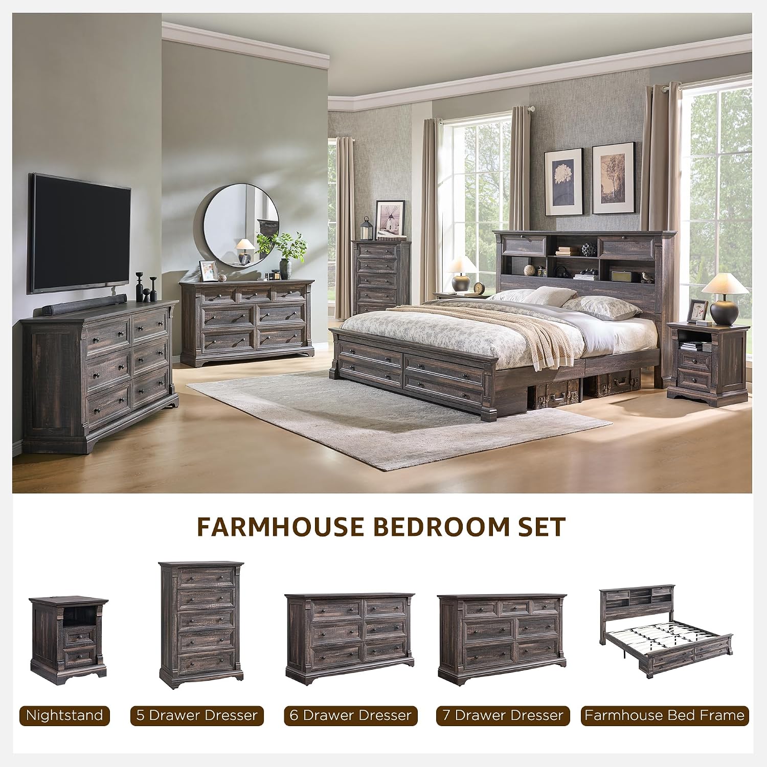 T4TREAM Farmhouse Queen Size Bed Frame with 54' Tall Storage Bookcase Headboard, Wood Platform Bed Frame with 18' Tall Roman Column Decoration Footboard & 2 Drawers(Dark Rustic Oak)