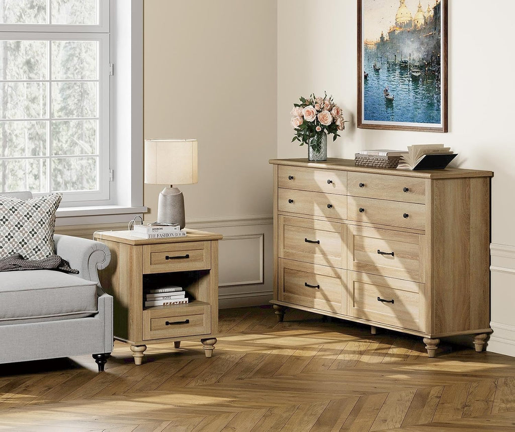 WAMPAT 3 Piece Bedroom Set - Includes Farmhouse 8 Drawer Dresser, Set of 2 Bedside Tables with Charging Station & Shelf, 3 Piece Dresser and Nightstand Sets, Oak