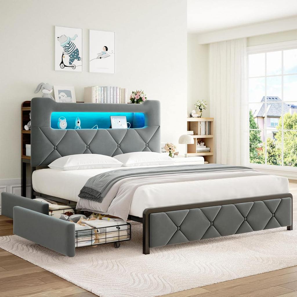 Jocoevol Full Upholstered LED Bed Frame with 2 Storage Drawers and 2-Tier Storage Headboard, Velvet Platform Bed with Charging Station & Bookcase, Heavy Duty Metal Support, No Box Spring Needed, Grey