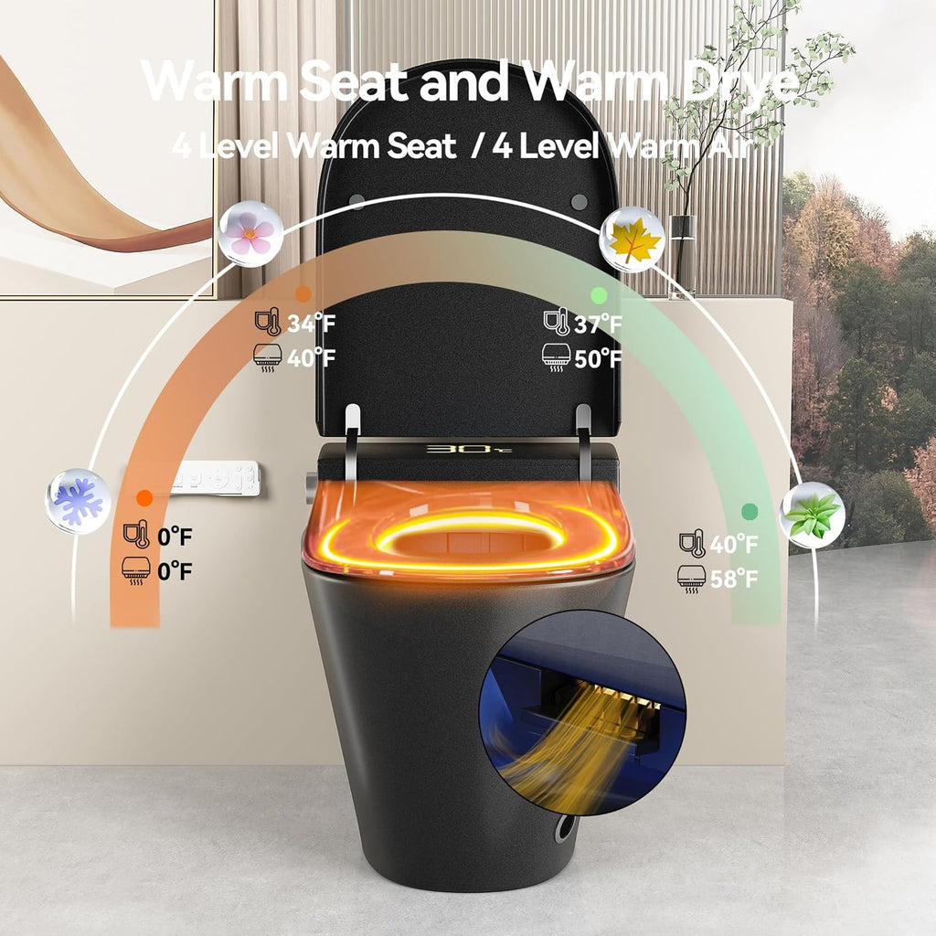 Smart Toilet,One Piece Toilet,Ceramic Toilet with Bidet Built in & Dryer, Auto Open/Close, Instant Warm Water,Heated Seat,Sensing Distance, Black