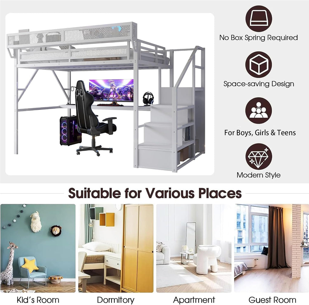 Metal Loft Bed with Desk and RGB LED Lights, Queen Size Loft Bed with Stairs and Charging Station,Adult Loft Beds with Storage Shelves for Upper and Wardrobe,Loft Beds Frame for Kids Teens, White