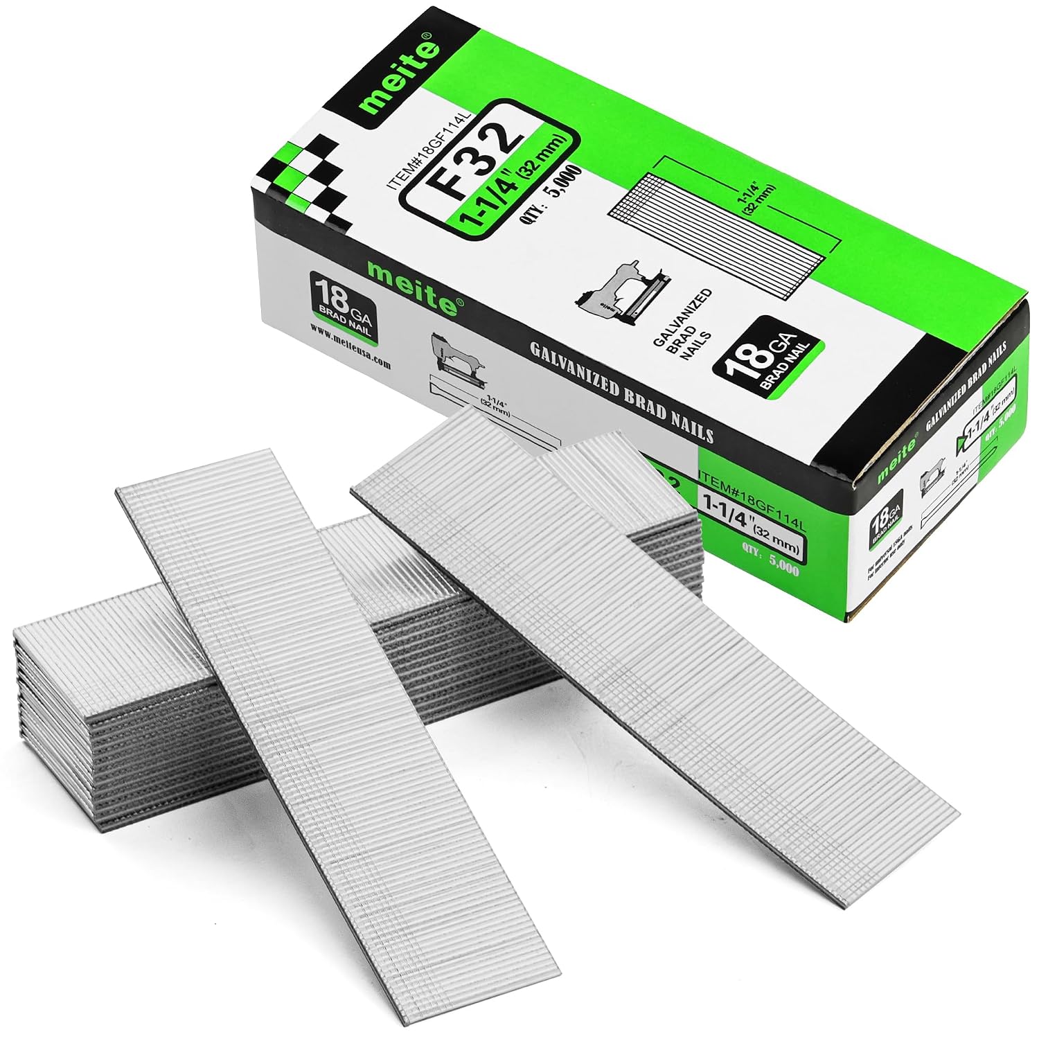 meite F32 Brad Nails, 18 Gauge 1-1/4 Inch Galvanized Brad Nail for Pneumatic, Electric Brad Nailer Gun (1 Case - 12 Boxes)