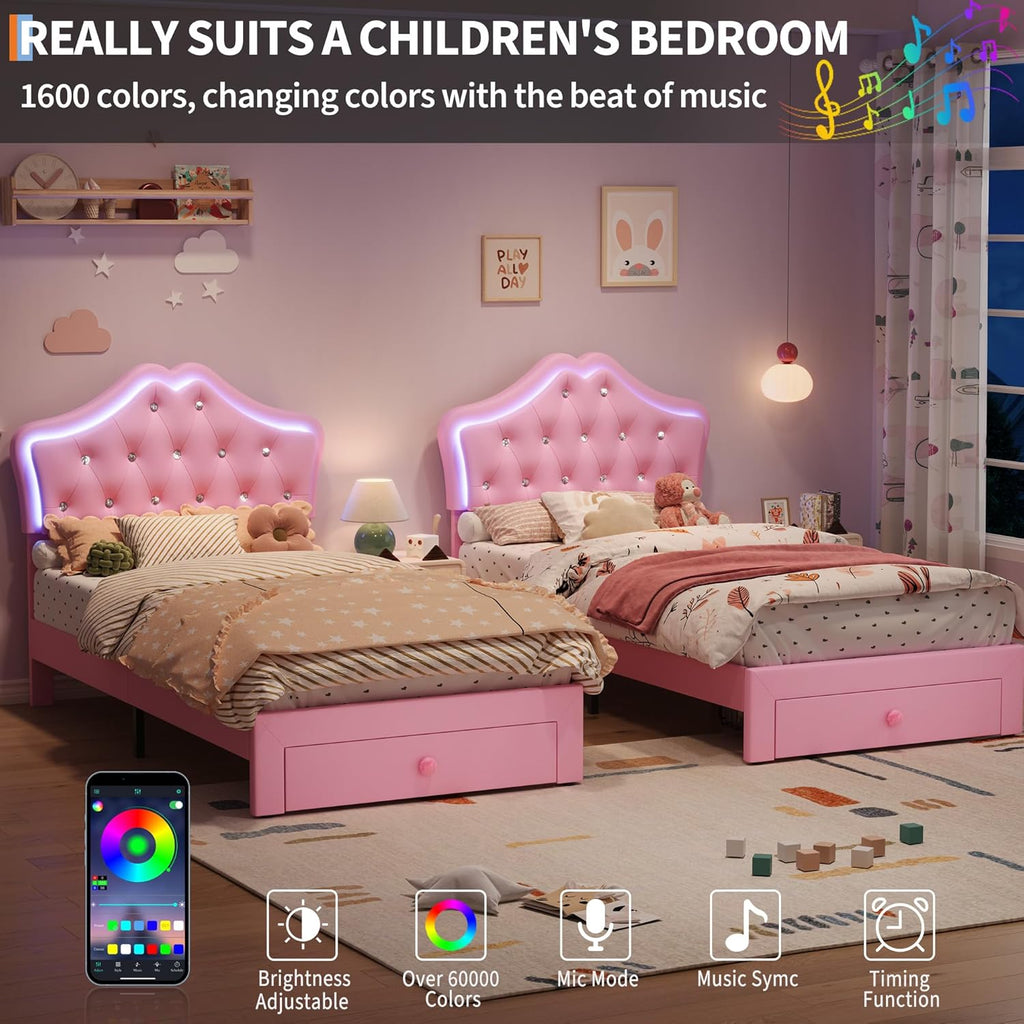Garvee Twin Size Bed Frame with LED Lights & Velvet Crystal Button Headboard, Upholstered Princess/Girl Platform Bed with Storage Drawer, Noise Free, No Box Spring Needed for Kids, Teens, Pink