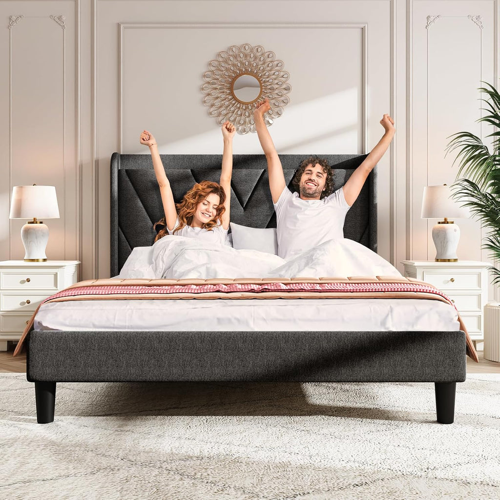 koorlian Full Size Bed Frame, Full Bed Frame with Headboard, Adjustable Upholstered Bed Frame with Type-C&USB Port, Wingback Storage Headboard, Noiseless, No Box Spring Needed, Dark Gray