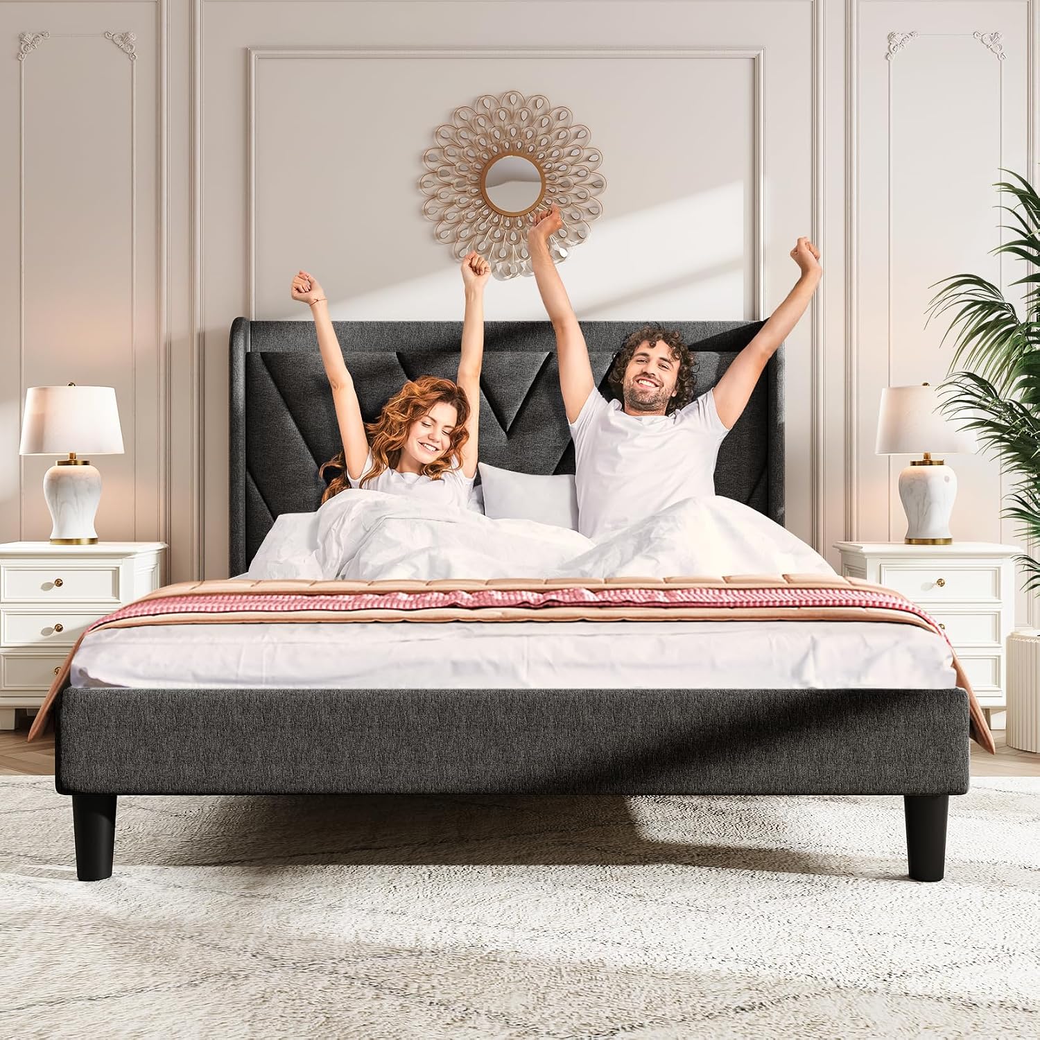 koorlian Full Size Bed Frame, Full Bed Frame with Headboard, Adjustable Upholstered Bed Frame with Type-C&USB Port, Wingback Storage Headboard, Noiseless, No Box Spring Needed, Dark Gray