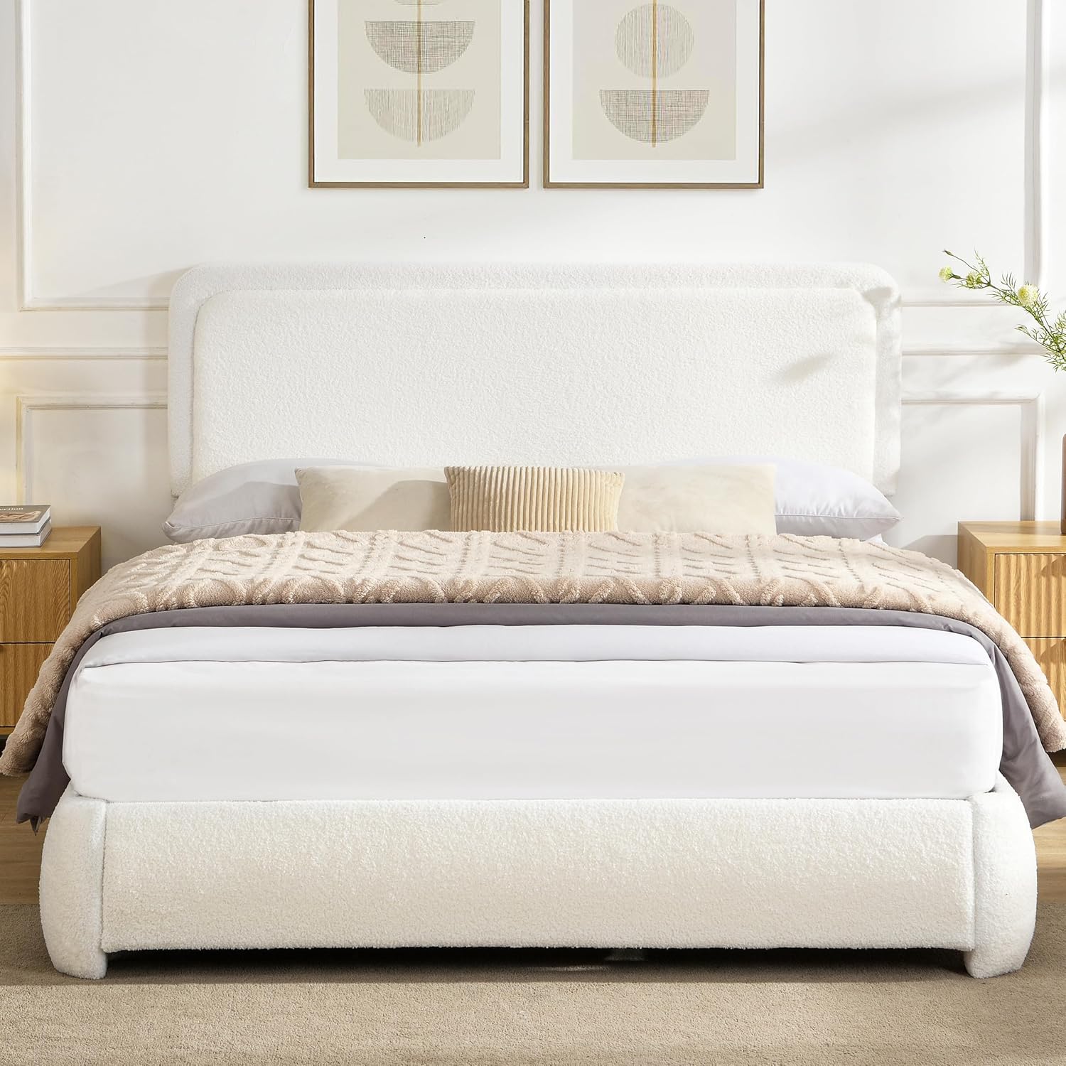 Queen Size Bed Frame with Adjustable Headboard, Modern Boucle Fabric Upholstered Platform Bed, Low to Floor, Anti-Collision Soft Rounded Corners, No Box Spring Needed, Easy Assembly for Bedroom，White