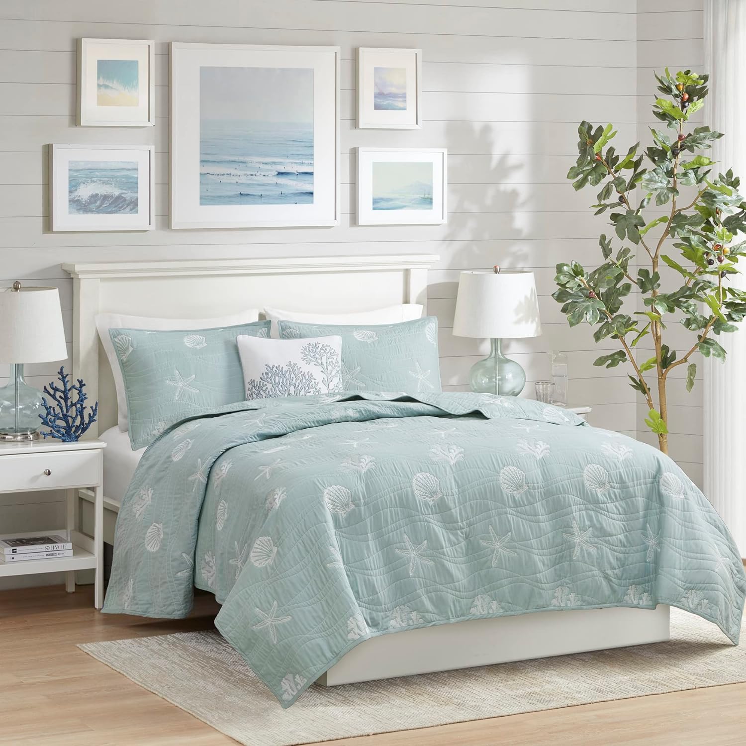 Harbor House Seaside Reversible Cotton Quilt Set Coastal Clam, Starfish, Coral Embroidery, All Season, Pre-Washed Coverlet Bedding Layer, Decorative Pillow, Full/Queen(90'x90') Seafoam 4 Piece