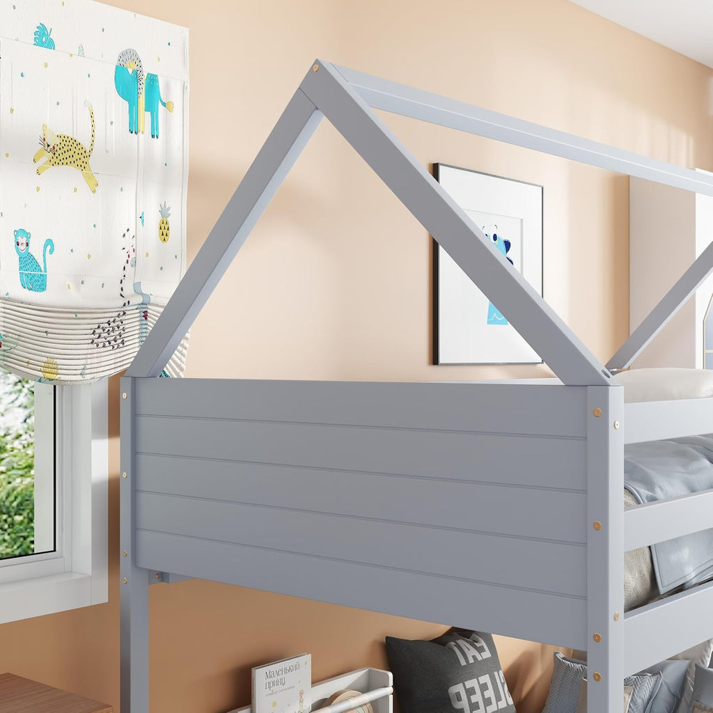 Bellemave Twin Over Twin Bunk Bed, Wooden House Bunk Bed with Ladder and Guardrail for Bedroom, Dormitory, Floor Bunk Beds with Headboard and Footboard for Kids, Teens, No Box Spring Needed, Grey