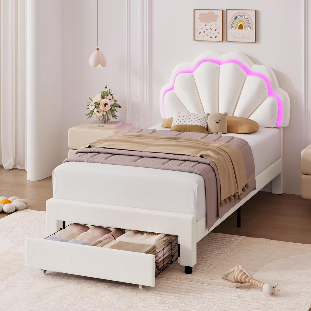 HIFIT 2 Set Twin Bed Frame with Storage and LED Light for Girls, Twin Size Upholstered LED Bed Frame with Drawer & Chic Double Petal Headboard, Solid Wood Slat, Kids Platform w/Storage, Beige