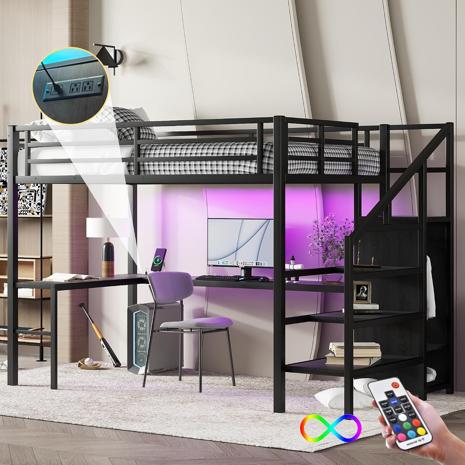 Full Size Metal Loft Bed with Desk and Wardrobe,Heavy Duty Loft Bed Frame with Storage Stairs,LED Lights and Charging Station for Kids,Teens,Adults,Space Saving,Full Size,Black