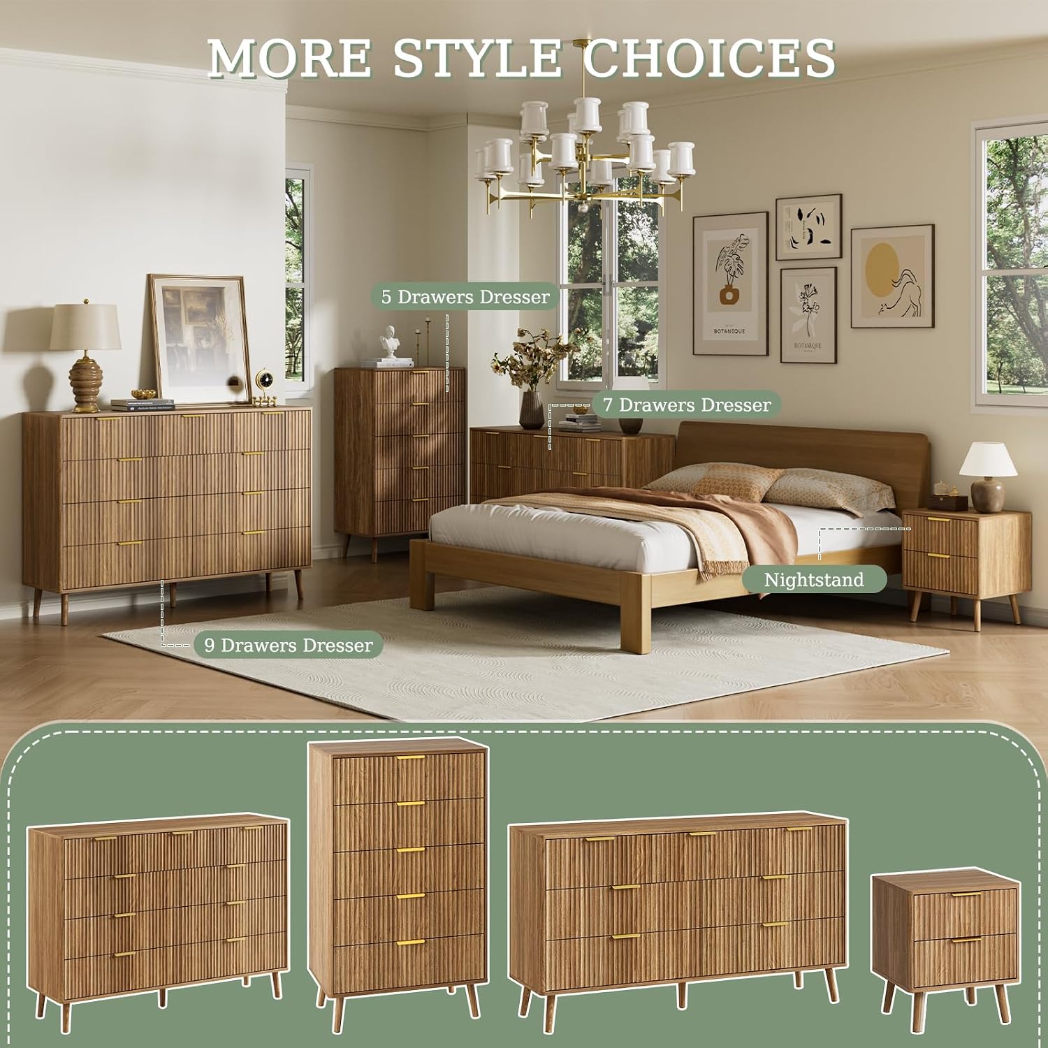 LYNSOM Fluted Dresser and Nightstand Sets 3 Piece, 7-Drawers Dresser and 1-Drawer Nightstands Set of 2, Wood Bedroom Furniture Set for Home, Bedroom, Hallway, Walnut
