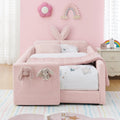 Twin Size Upholstered Platform Bed with Safety Guardrail and Cute Rabbit Ear Shaped Headboard, Boucle Fabric Montessori Kids Bed with Pocket and Sturdy Slats Support (Pink-7.24)