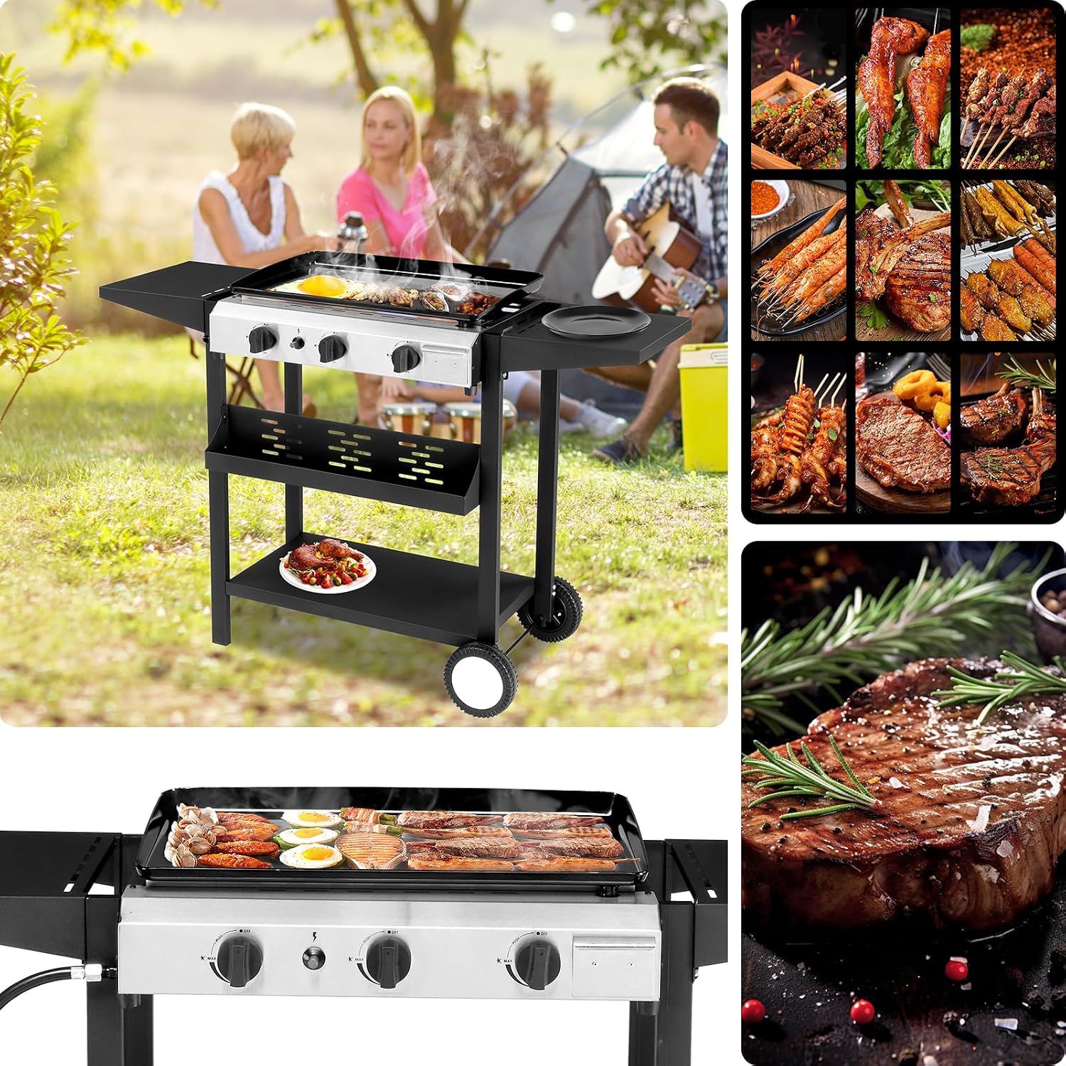3-Burner Flat Top Gas Griddle Cooking Station with Ceramic Coated Cast Iron Pan, 30,000 BTU Propane Fuelled Griddle Station with Side Shelves & Spice Rack for Outdoor Barbecue Backyard Cookout