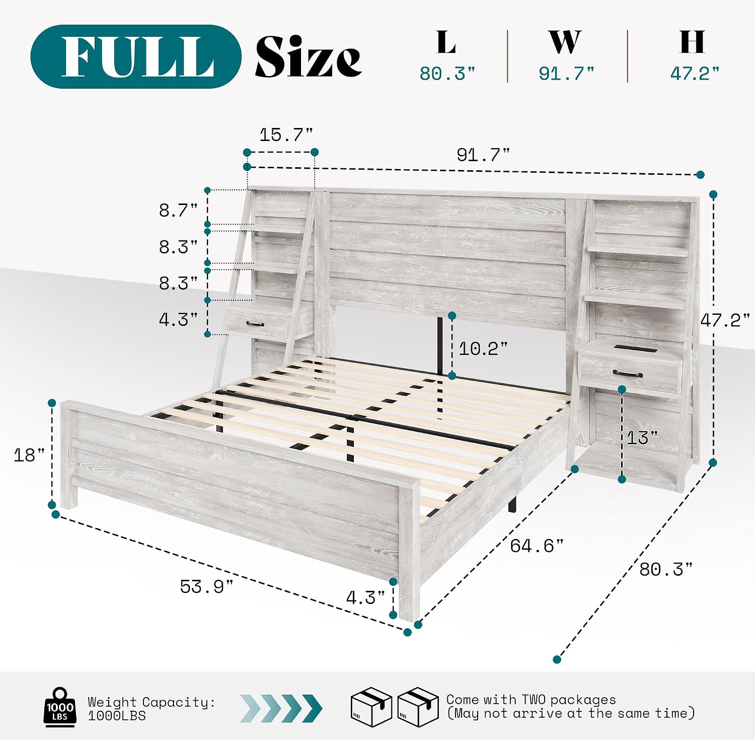 AMERLIFE Full Bed Frame with Wide Headboard and 4-Tier Bookshelves, Farmhouse Platform Bed with Charging Station & 2 Drawers, Noise-Free, No Box Spring Needed, Rustic White