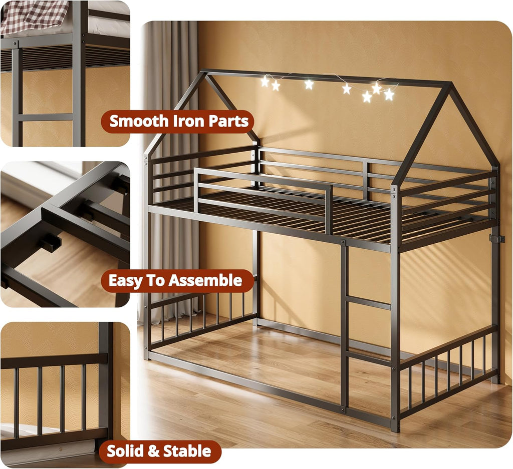 LIKIMIO Bunk Bed Twin Over Twin, House Bunk Bed Frame with Ladder and Guardrail, House Shaped with Metal Slats for Dormitory and Bedroom, Space Saving, No Box Spring Needed, Black