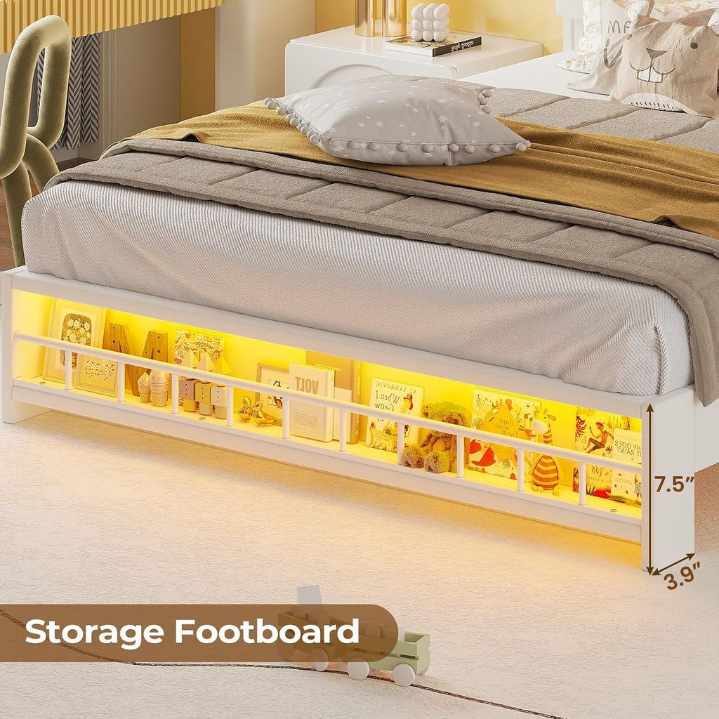 HAUOMS Full Bed Frame with LED Lights, Princess Velvet Upholstered Platform Bed for Girls, Headboard with Charging Station & Guardrail & Crystal Button, No Box Spring Needed, Beige
