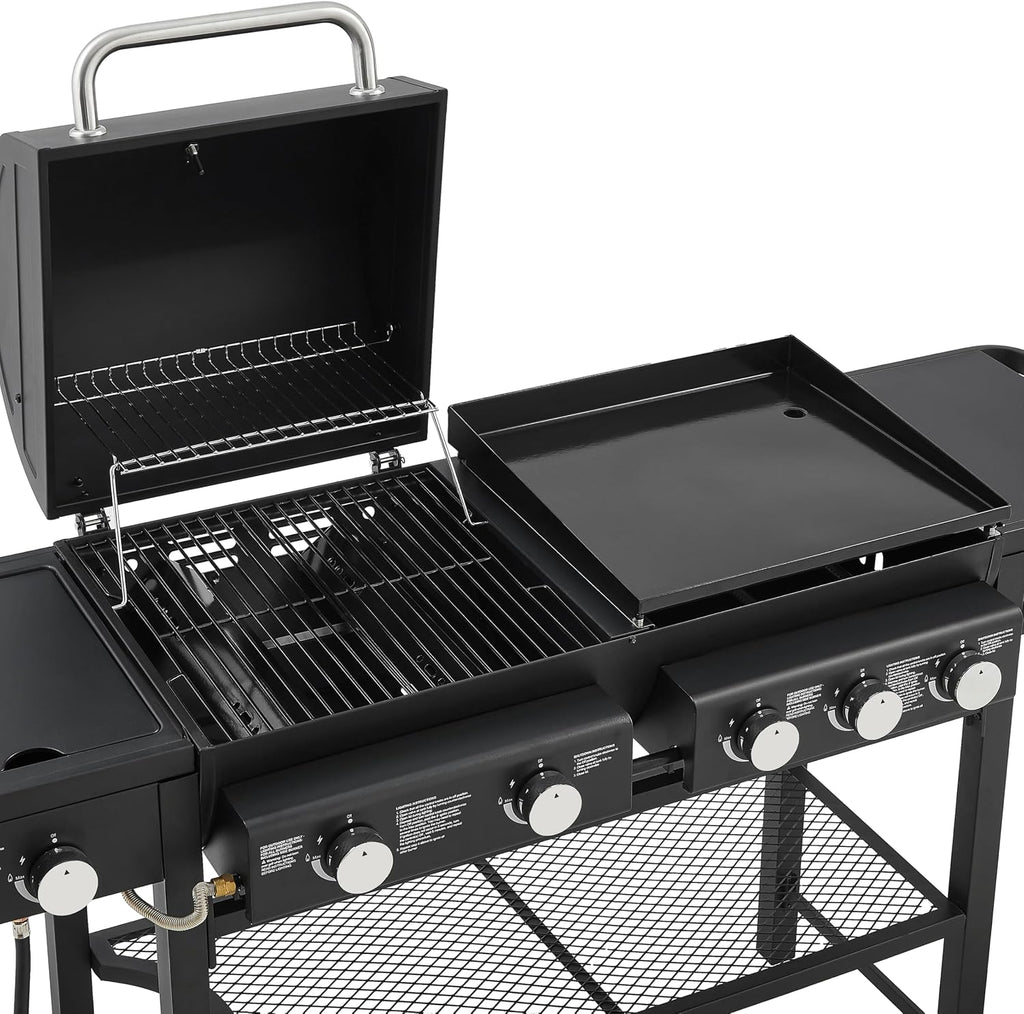 All-in-One Propane Gas Grill with Griddle, 5 Burner 56000 BTU BBQ Grill & Griddle Combo, 751 Sq.Inch Cooking Space, Side Burner & Storage Shelves for Backyard, Patio, Outdoor Cooking