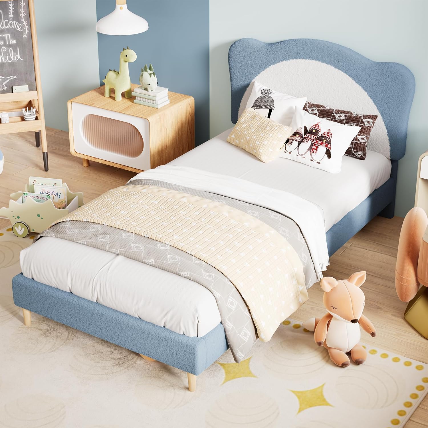 GarveeHome Twin Size Bed Frame for Kids - Cute Velvet Princess Platform Bed with Upholstered Headboard for Girls/Boys, Solid Wood Slats Support, No Box Spring Needed, Blue + White
