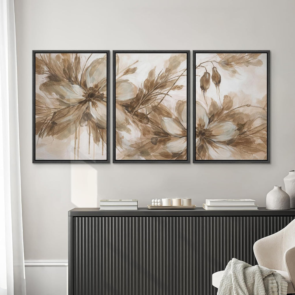 SIGNWIN Framed Canvas Print Wall Art Set Neutral Botanical Flowers Sepia Tone Floral Illustrations Modern Art Decorative Scenic Rustic for Living Room, Bedroom, Office - 24'x36'x3 Black
