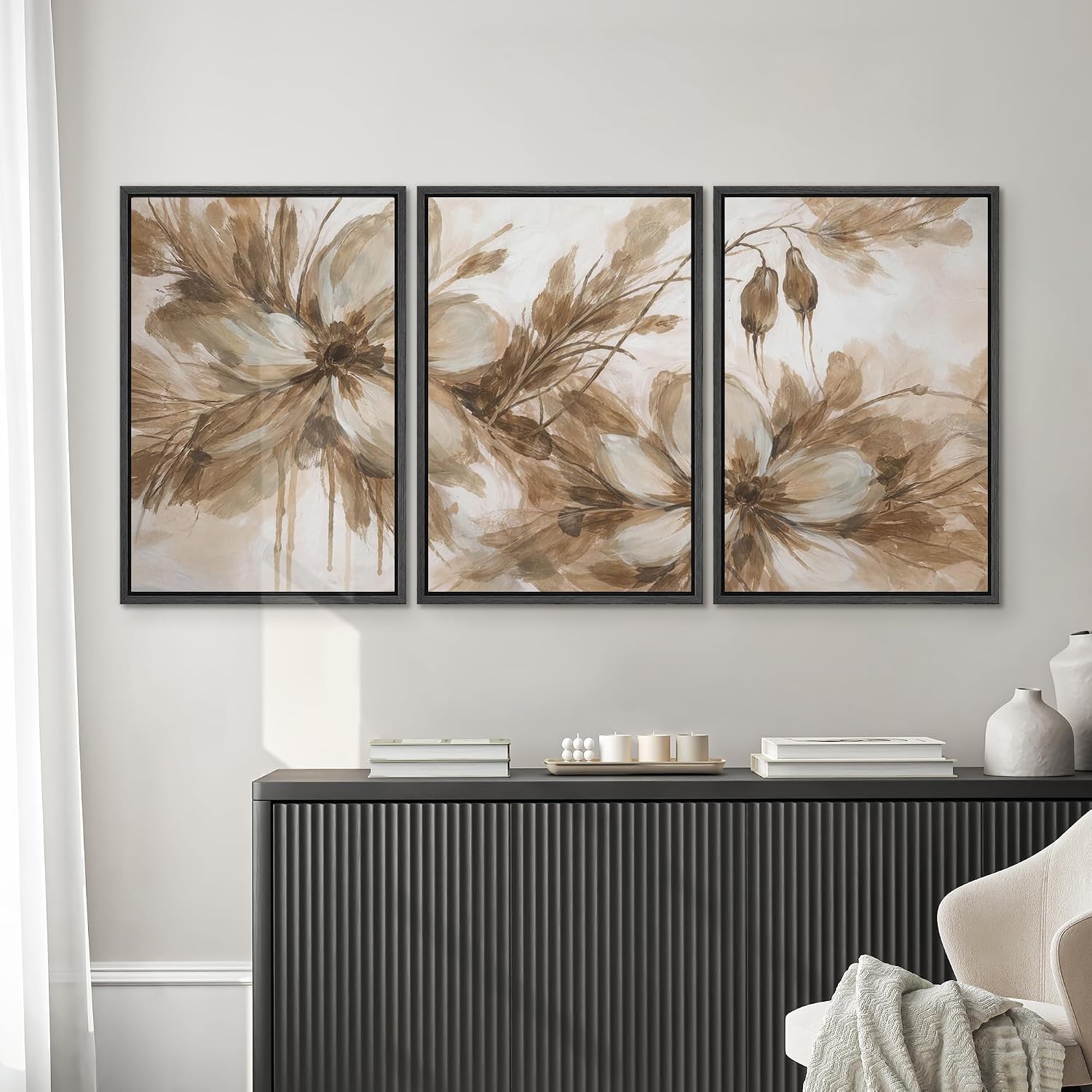 SIGNWIN Framed Canvas Print Wall Art Set Neutral Botanical Flowers Sepia Tone Floral Illustrations Modern Art Decorative Scenic Rustic for Living Room, Bedroom, Office - 24'x36'x3 Black