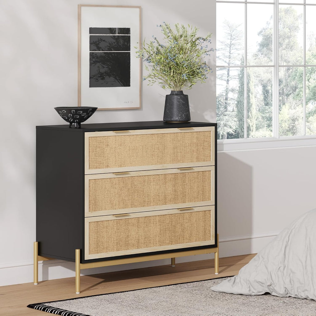 Nathan James Andrew 3-Drawer Chest Rattan Dresser, Bohemian Deep Drawer Dresser for Bedroom with Natural Rattan Accent and Metal Legs, Matte Black