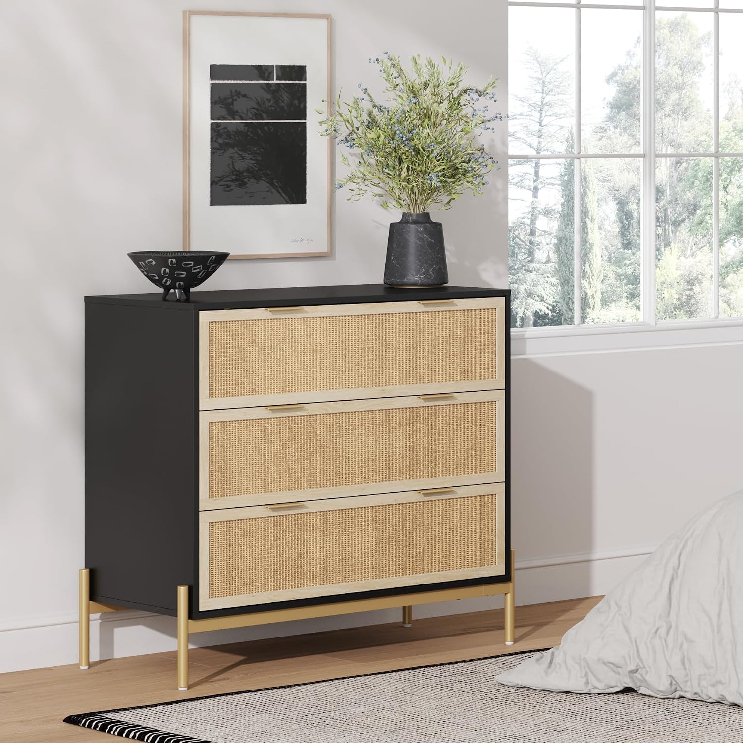 Nathan James Andrew 3-Drawer Chest Rattan Dresser, Bohemian Deep Drawer Dresser for Bedroom with Natural Rattan Accent and Metal Legs, Matte Black