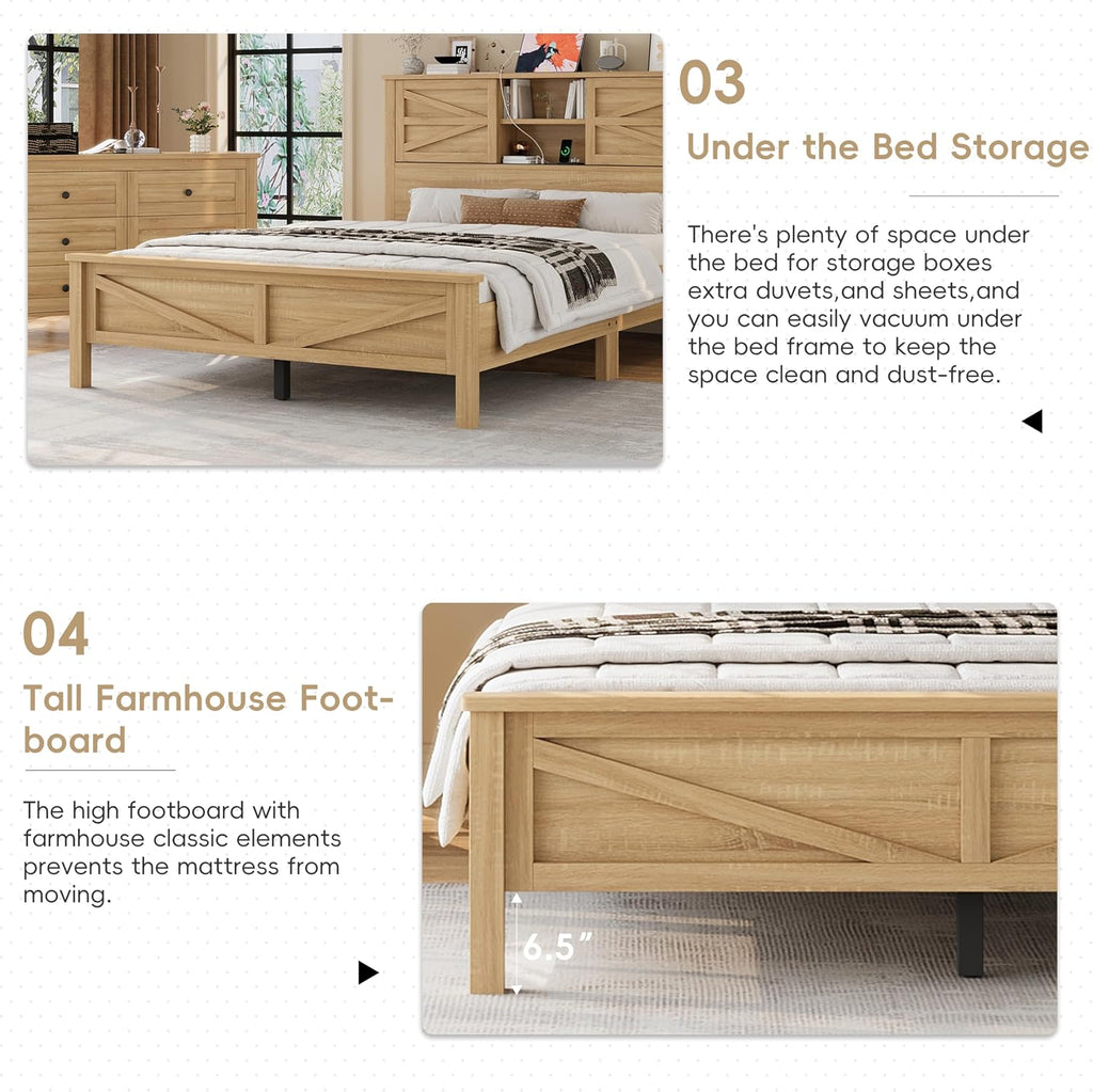3-Pieces Queen Size Bedroom Sets, Farmhouse Platform Bed with Double Sliding Door USB Storage Headboard, 3PCS Bedroom Sets with Cabinet and Nightstands, Kids Adults, Natural