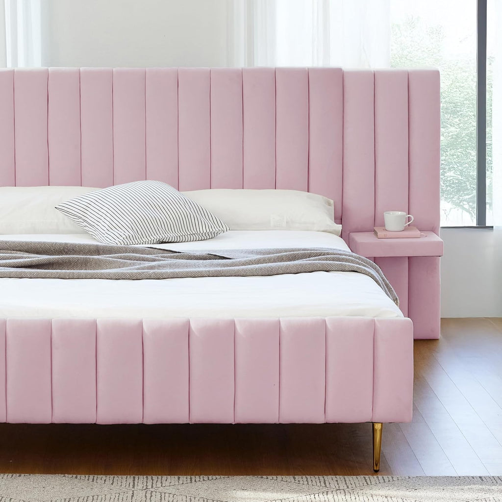 Livinia Twin Size Elton Velvet Platform Bed Set, Upholstered Bed Frame with Vertical Channel Tufted Headboard Footboard with Side Panel Nightstand, No Box Spring Needed, Pink (Twin)