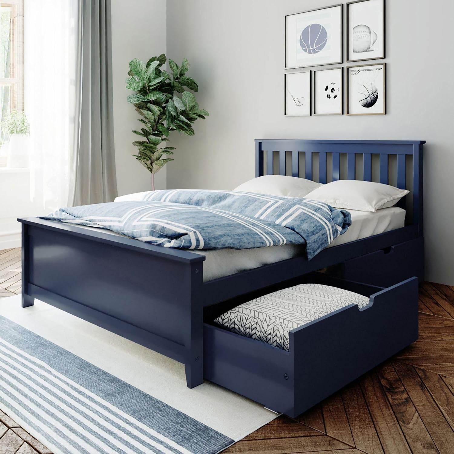 Max & Lily Classic Full Bed, Slatted Headboard, with Storage Drawers, Blue