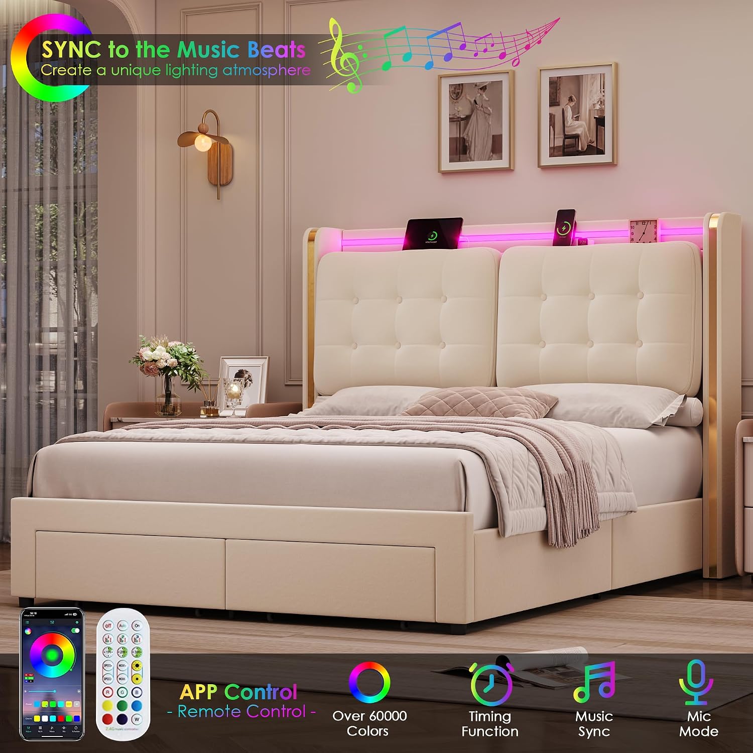 HIFIT Upholstered LED Queen Size Bed Frame with Storage and Charging Station, Lavish Wingback Headboard with Fluffy Tufted Cushions, Modern Velvet Queen Platform Bed Frame with 2 Large Drawers, Beige
