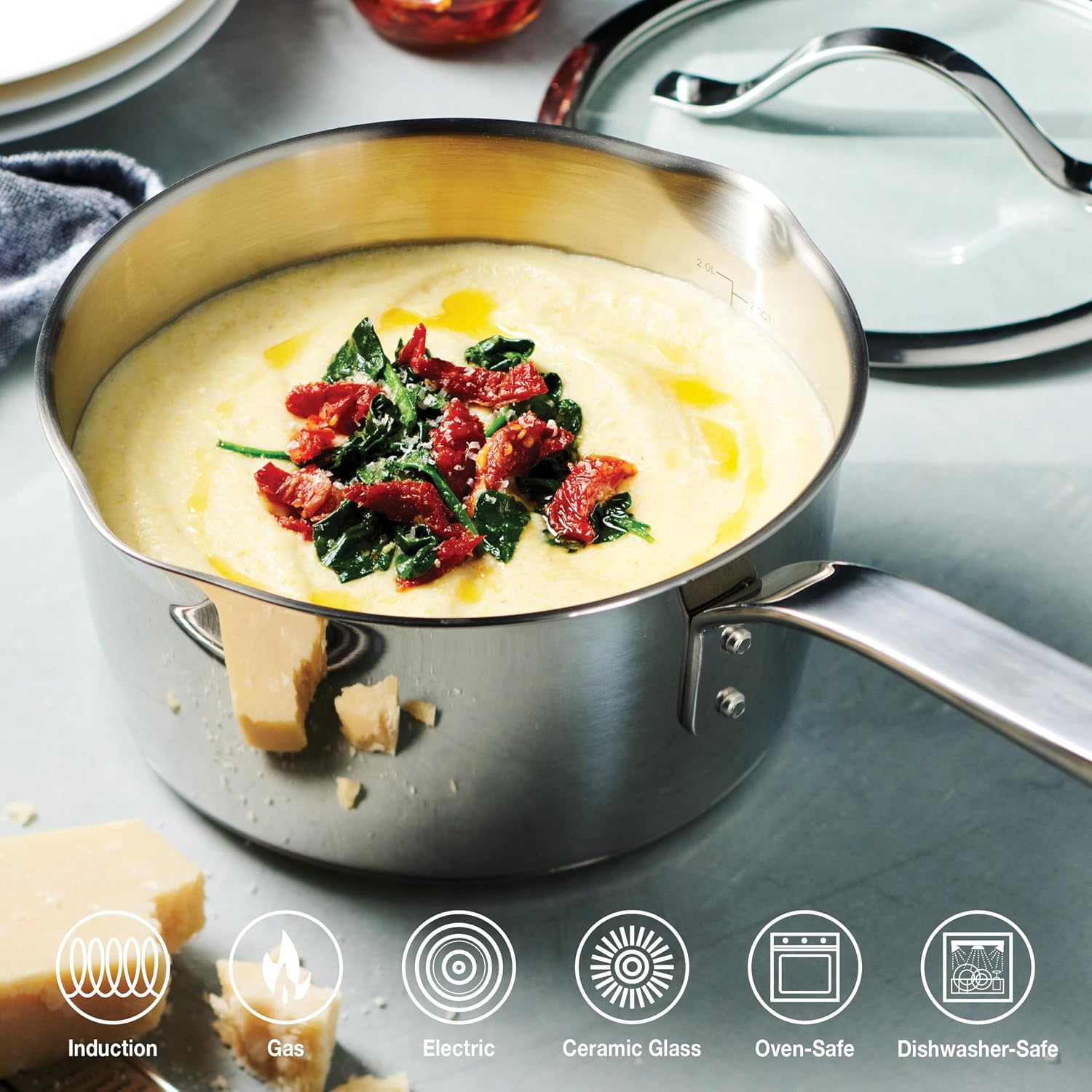 Tramontina Tempo Tri-Ply Base Stainless Steel 3-Quart Sauce Pan with Glass Lid, Induction-Ready Saucepan, Oven-Safe, Dishwasher-Safe