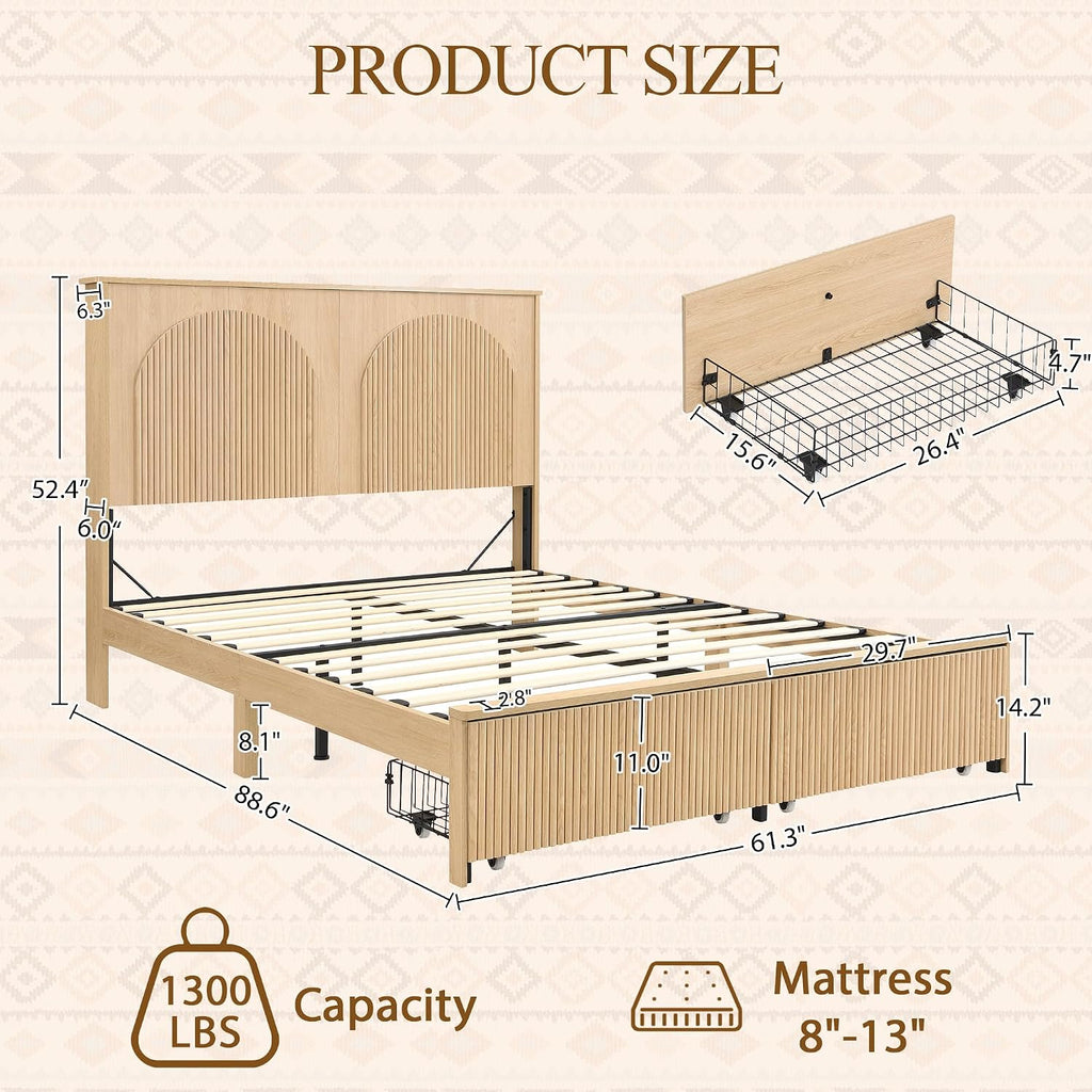 XIAO WEI Fluted Queen Bed Frame with 52.4' Tall Headboard, Bed Frame with Storage Drawers,Wooden Bed Frame with 8' Underbed Storage, No Box Spring Needed,Natural